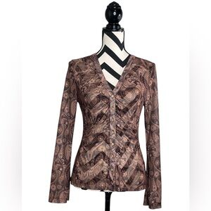 Whimsigoth Boho Sz M Sheer Paisley Button Front Bell-Sleeve Long-sleeve Blouse